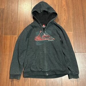 Y2K Quiksilver Lined Grey Full Zip Up‎ Hoodie Size Youth Large